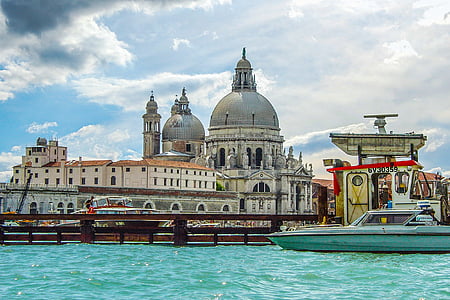 church, italy, water, canal, dome, boat, travel