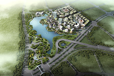 écologie, créative, Parc scientifique et technologique, 3D, visualisation, carte, modèle de ville