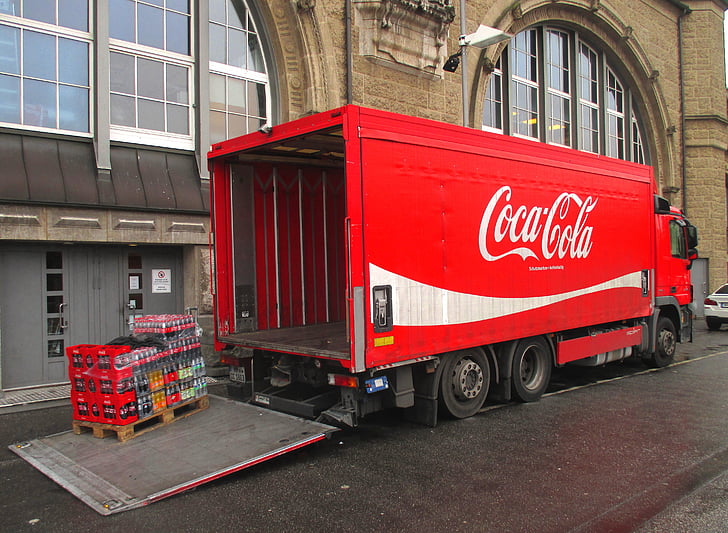 coca cola, cola, drink, transport, truck, red, anlierung