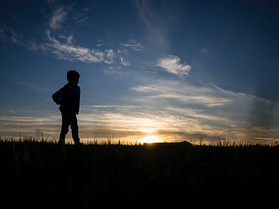 people, kid, boy, standing, alone, sunset, blue