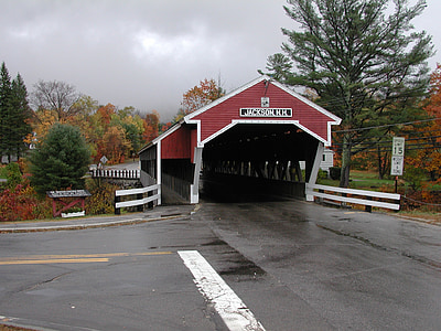 new hampshire, covered bridge, jackson, red, road, trees, fall colors