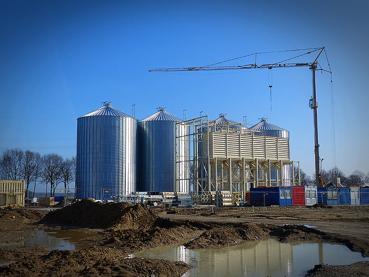 site, silo, new building, crane, baukran, build, work