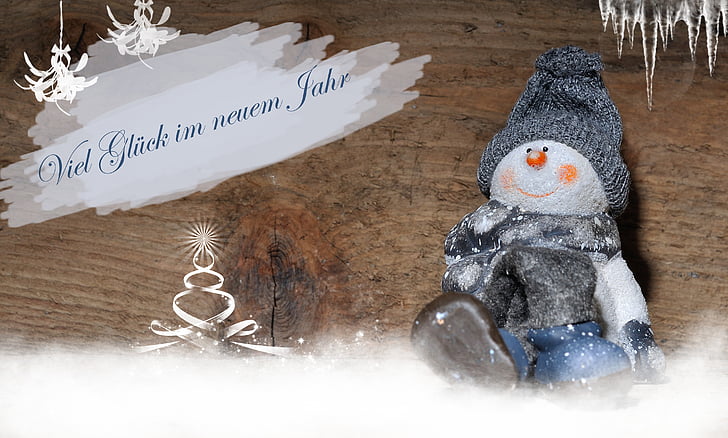hombre de nieve, día de año nuevo, Felicitaciones, tarjeta de felicitación, tarjeta postal, madera