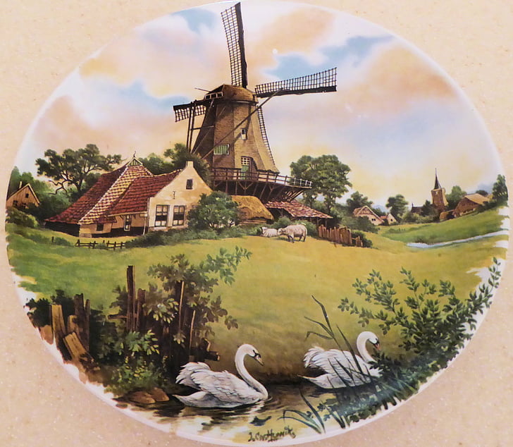 plate, hand decorated, royal schwabap, holland, windmill, artistic