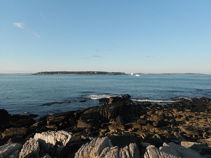 Ilha de picos, Verão, oceano, Maine, pedras, céu azul
