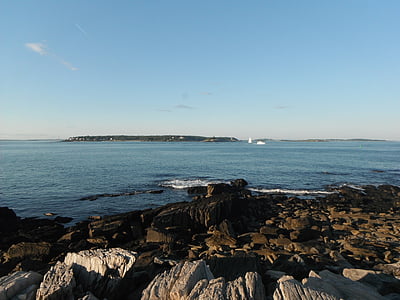 vrcholy ostrova, léto, oceán, Maine, kameny, modrá obloha