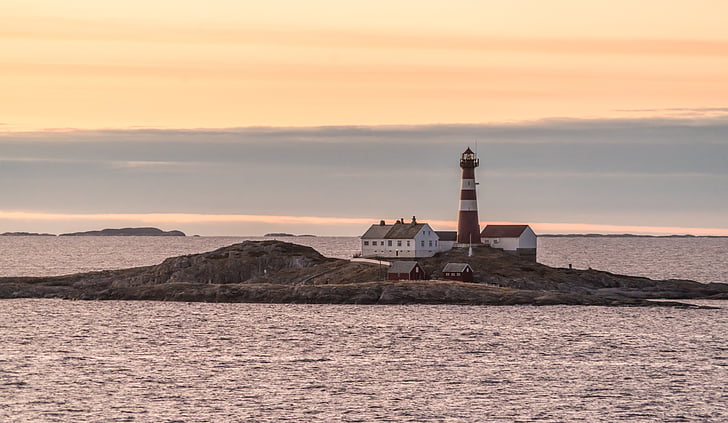 norway island, rocky, sunset, lighthouse, architecture, water, landscape