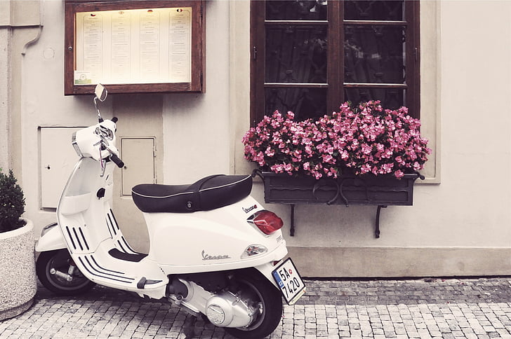 Vespa, scooter, moped, Brostein, blomster, potten, motor scooter