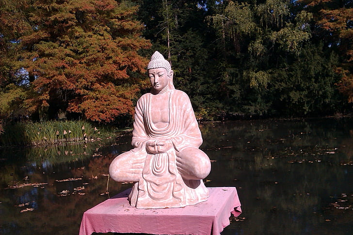 autumn, nature, statue, meditation, forest, lake