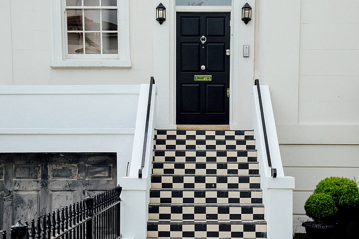 closeup, photo, black, white, checked, stairs, door