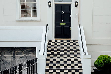 closeup, foto, preto, Branco, verificado, escadas, porta