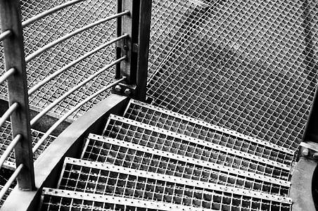 metal, grid, gradually, railing, rise, staircase, stairs