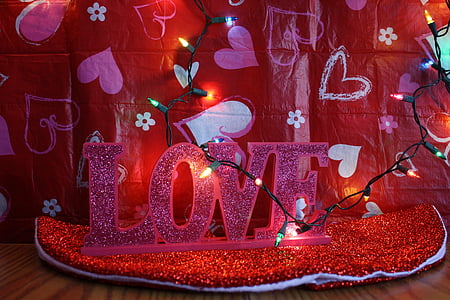 dia dos namorados, dia dos namorados, vermelho, -de-rosa, corações, luzes, festivo