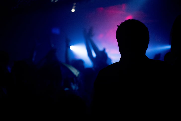 clube noturno, silhueta, festa, Clube, música, à noite, multidão