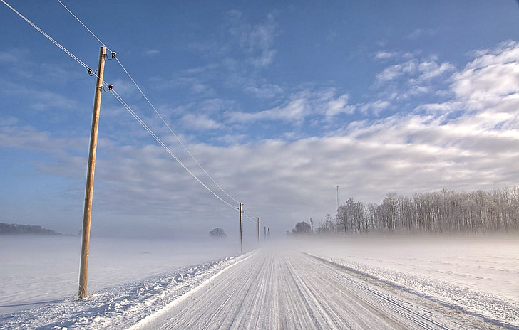 winter, road, mist, snow, sky, clouds, landscape