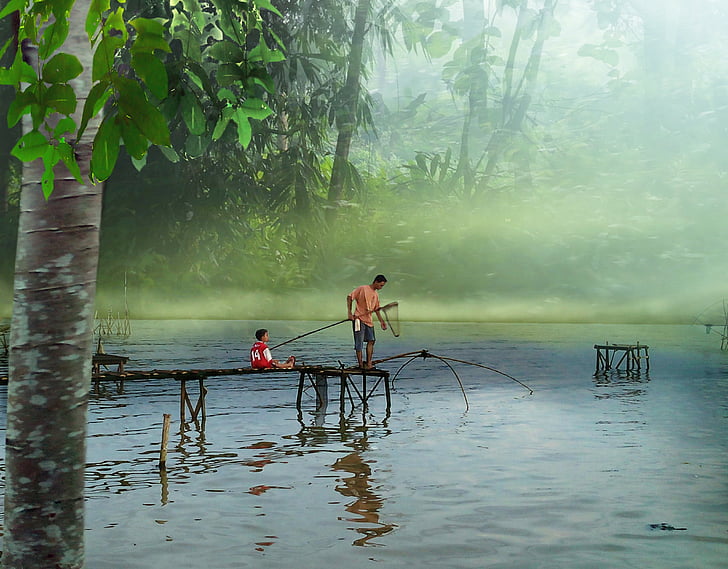 people, fishermen, fishing, forest, green, river, shady