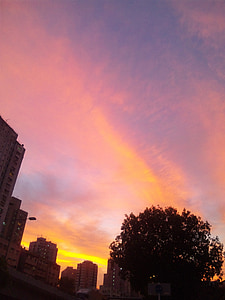 Hongkong, hemel, zonsondergang, wolken, rood, roze, Oranje