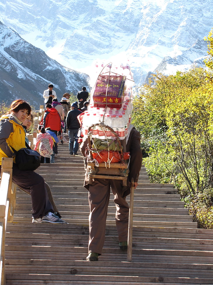 snow mountain, pui shan workers, character, stairs, carry, people, mountain