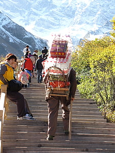 montanha de neve, Pui trabalhadores shan, personagem, escadas, alça de transporte, pessoas, montanha