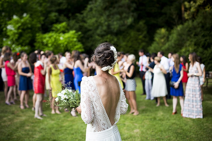 Blumenstrauß, Braut, Feier, Menge, Event, Menschen, Tradition