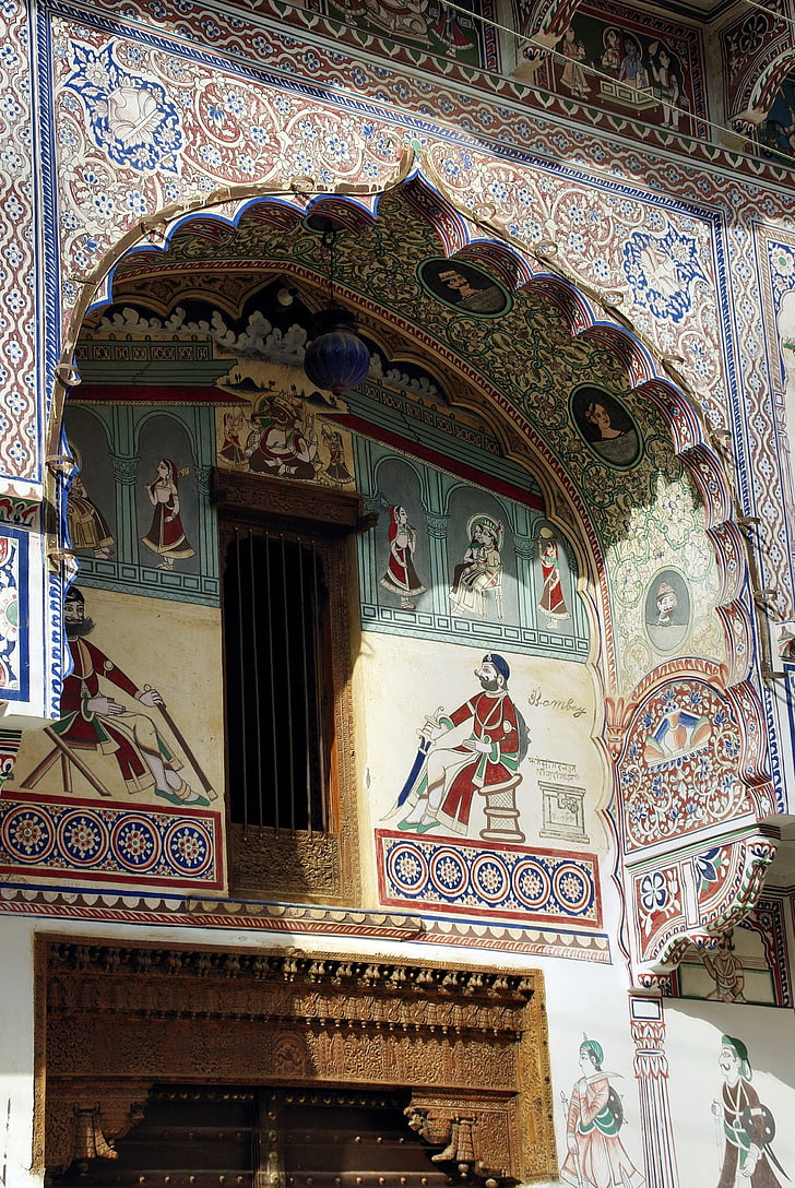 india, rajastan, shekawati, mandawa, fresco, wall, paintings