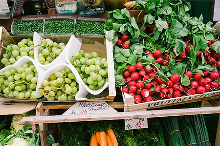 Reed, grønn, grønnsaker, papir, bokser, frukt, markedet