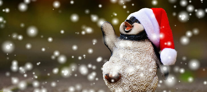 penguin, figure, christmas, snow, santa hat, decoration, funny