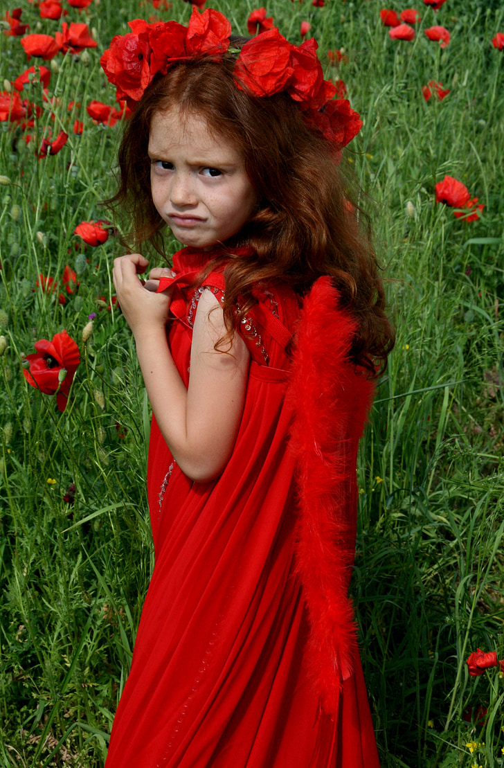 girl, poppies, angel, red, wings, red hair, camp