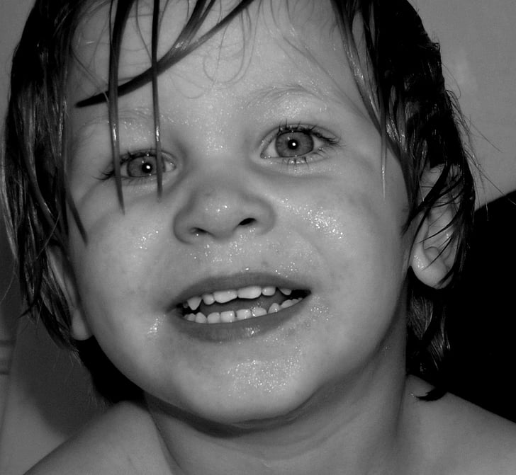 beba, dječak, lice, sretan, osmijeh, mokro, vrijeme kupanja