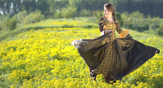 girl, dance, dress, flowers, princess, yellow, beauty