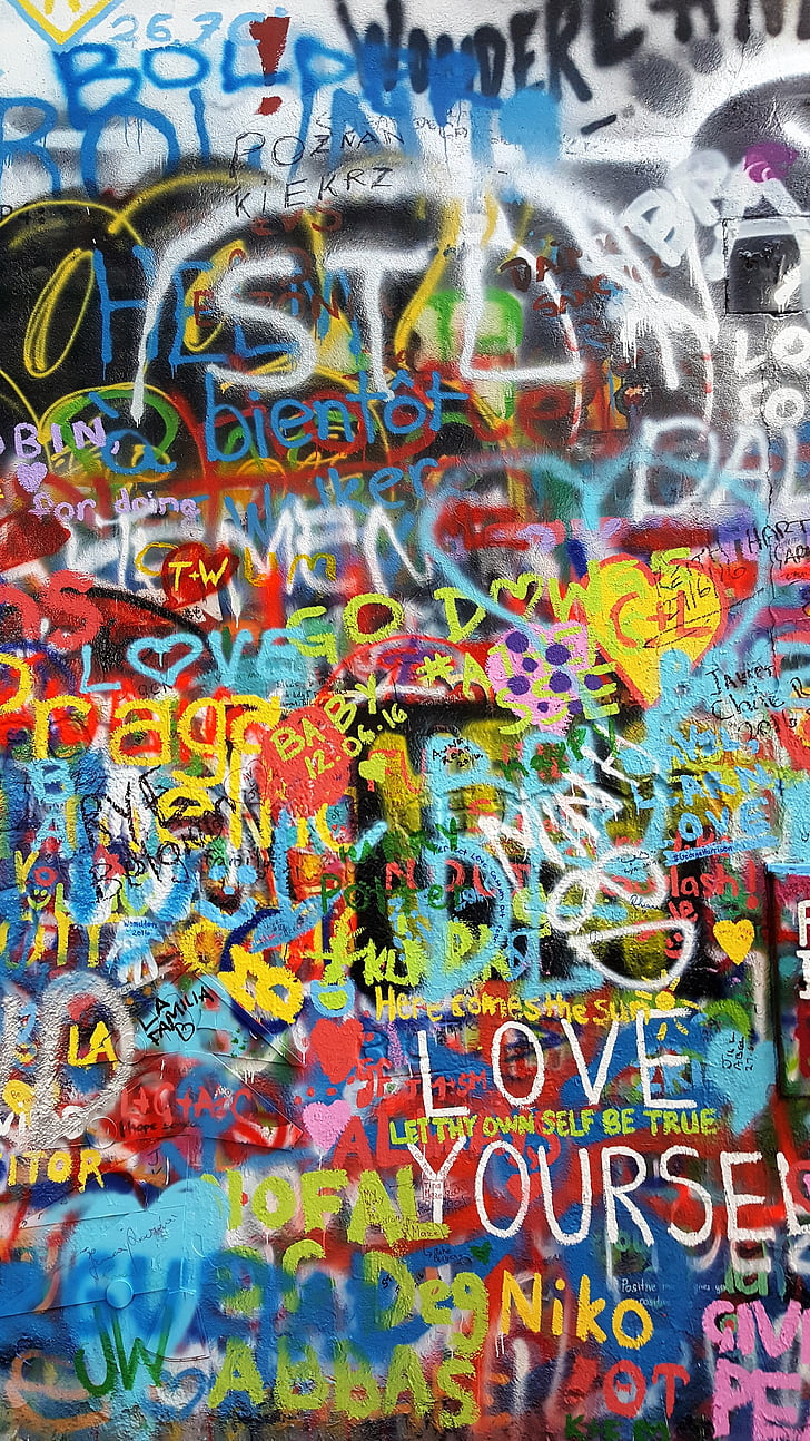 Jonas Lenono siena, Praha, spalvinga, grafiti, dažai, spalva, Menas