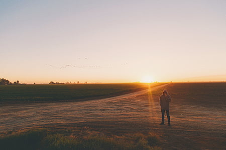 people, man, guy, alone, highland, field, sunrise