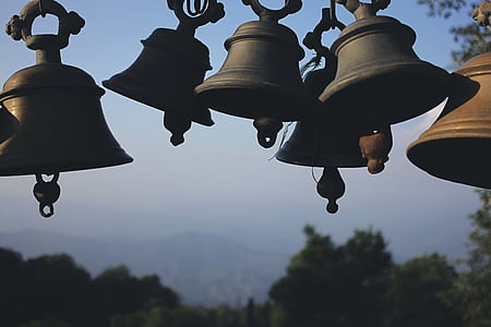 antique, bells, blur, hanging, outdoors, traditional, trees