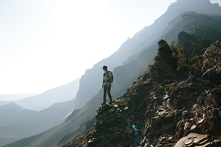Nærbilde, fotografi, mann, stående, fjell, Cliff, ødelagt toppen