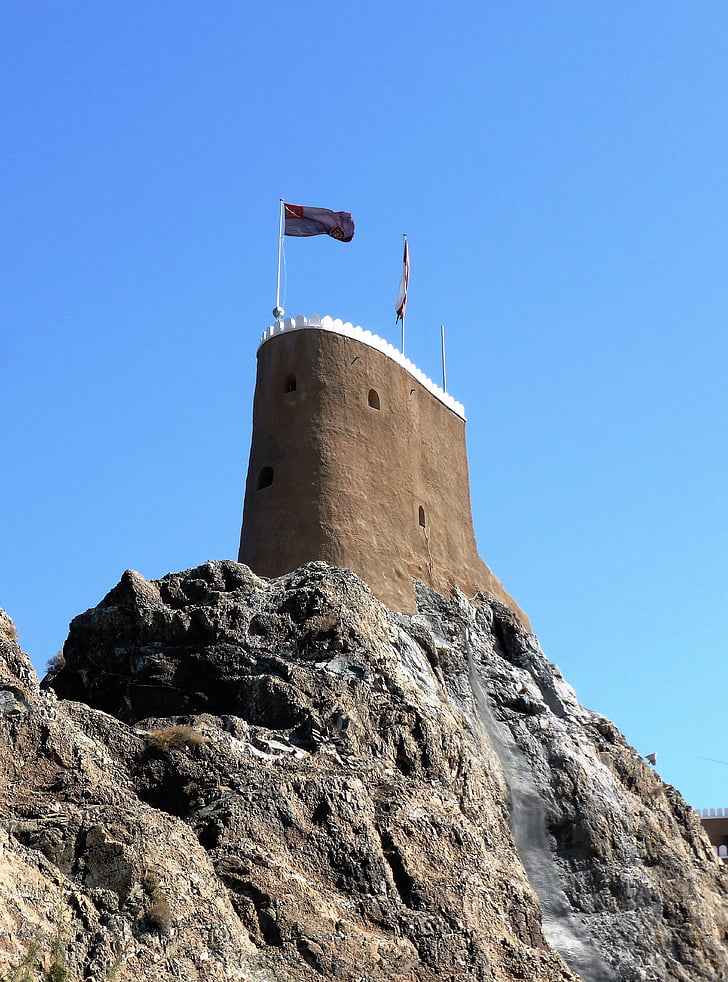 rock, fort, fortress, oman, knight castle, tower, flag