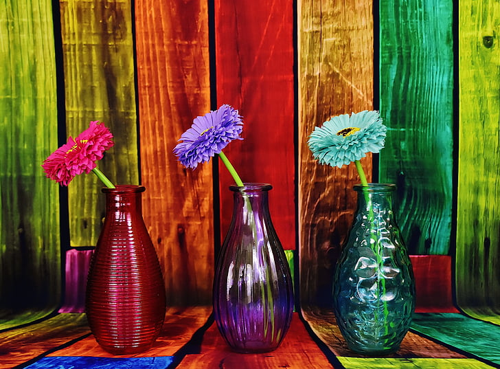 vázák, színes, virágok, üveg, Deco, átlátszó, dekoráció