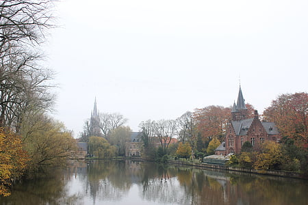 viduslaiku, kanāls, Brugge, Beļģija, ēka