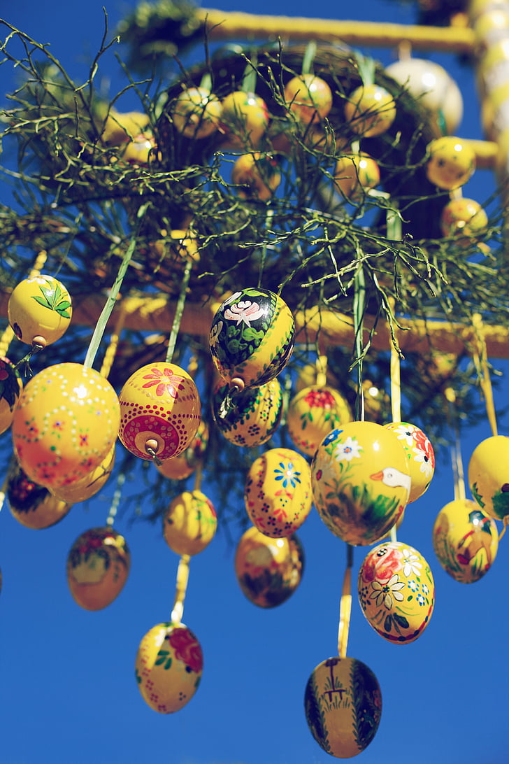 Paskah, telur, Telur Paskah, pohon, musim semi, tergantung, kuning