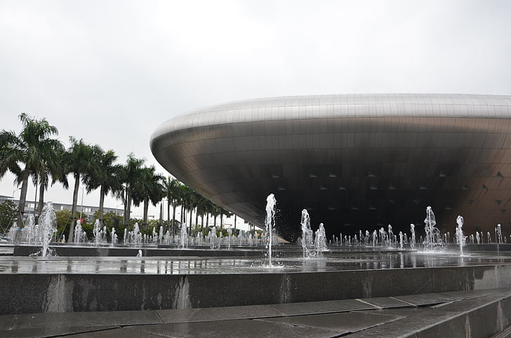 Shenzhen, edificio, Costa Alegre, fuente musical, fuente, paisaje, rotonda