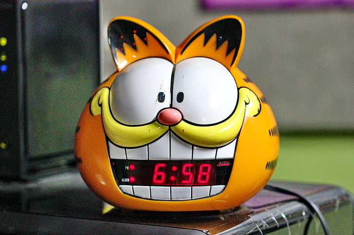 brīdinājuma signālu, pulkstenis, kaķis, laiks, no rīta, Garfield, kaitinošas