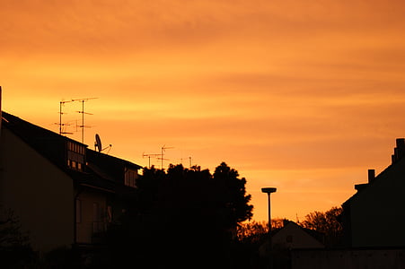 ουρανός, κόκκινο, πορτοκαλί, Το πρωί, Αρχική σελίδα, σπίτια, Ήλιος