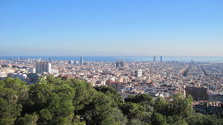 Barcelona, Parque Güell, Mar Mediterráneo, paisaje urbano, arquitectura, ciudad, vista de ángulo alto