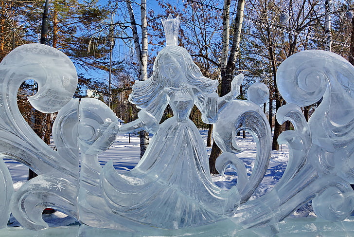 ice figures, city park, winter, russia, cold, park, christmas tree