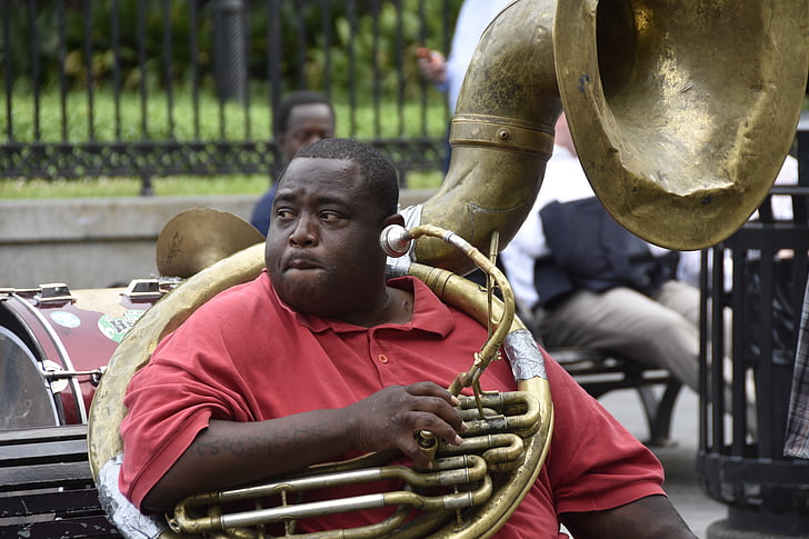 Jazz, spilleren, New orleans, musikk, veien, tuba, menn