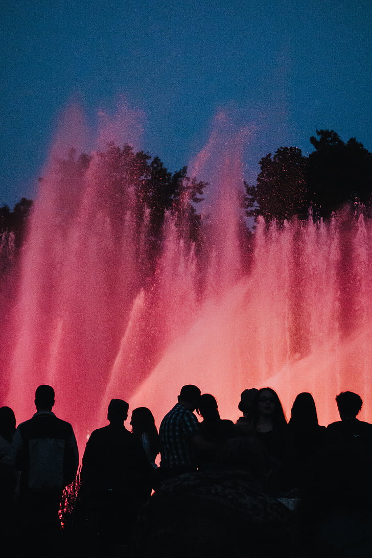 people, watching, water, jet, fountain, show, night