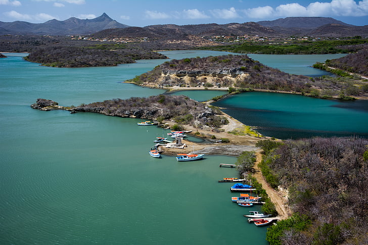 foto, eiland, in de buurt van, Bergen, Baai van Santa Martha, Curacao, Caraïben