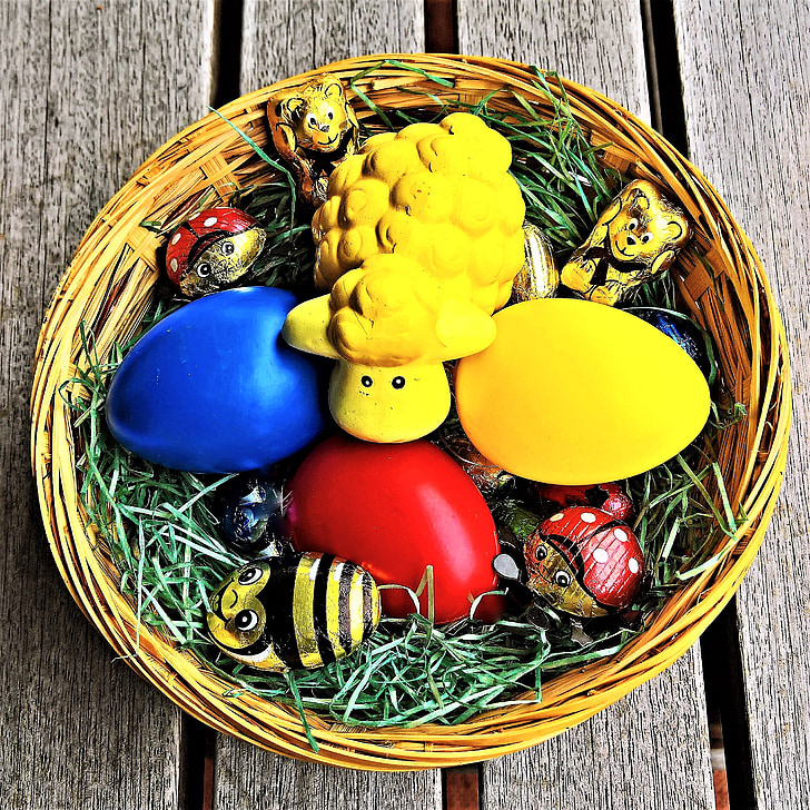 easter, easter nest, basket, easter eggs, colored, passover, candy