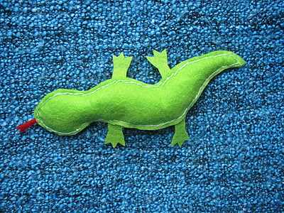 o lagarto, feito à mão, me senti, verde, de costura