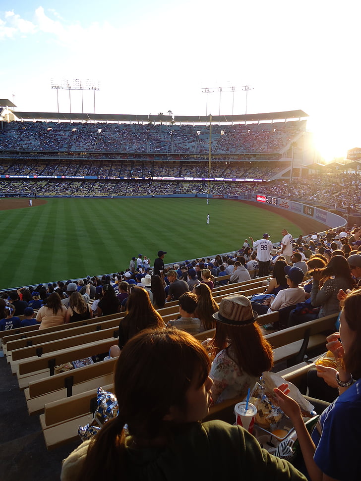 baseboll, Dodgers, Stadium, dag, solen, läktaren