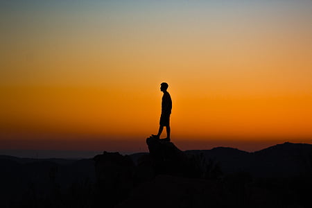 silhouette, man, standing, rock, orange, sunset, orange color